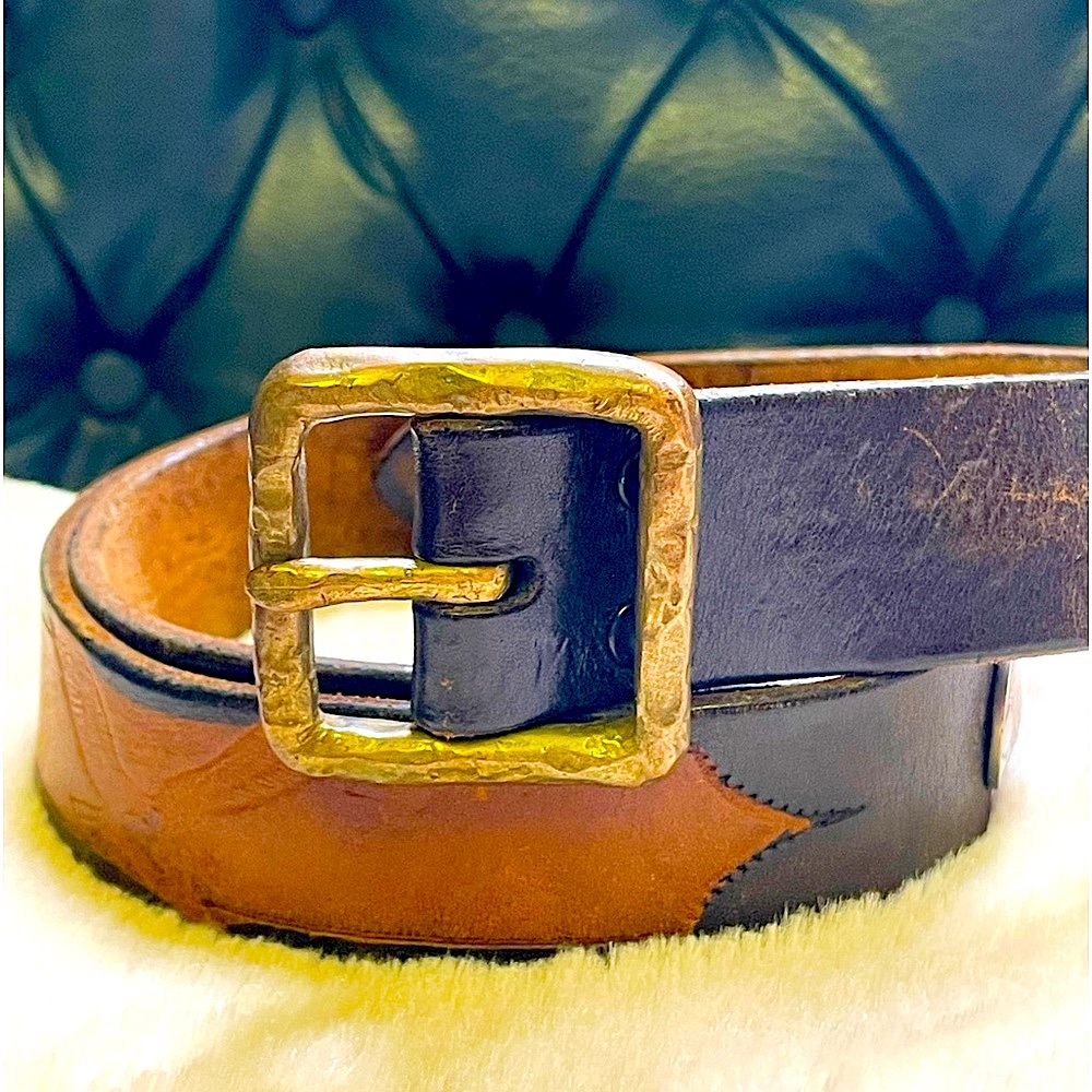 Vintage Two Tone Leather Western Belt Eagle Buffalo Nickel Brass Stamp size 32.